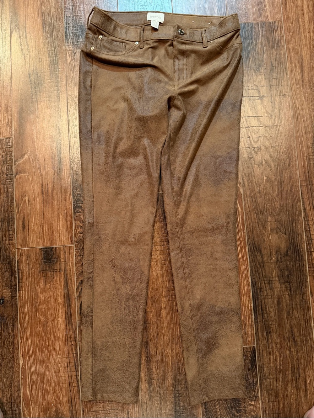 Chico's Faux-Suede Slim Pants in a distressed brown- 00